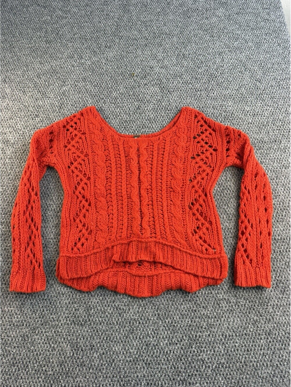 Free People Womens Red Cable Knit Open Weave Sweater Size XS Boho Pullover